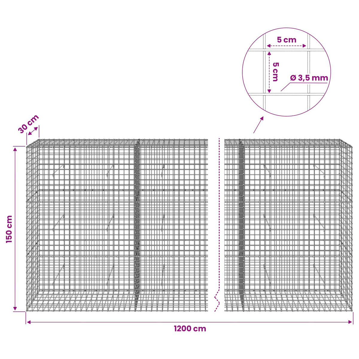 Gabionas su 3,5 mm laidu ir 5x5 cm tinkleliu 1200x30x150 cm