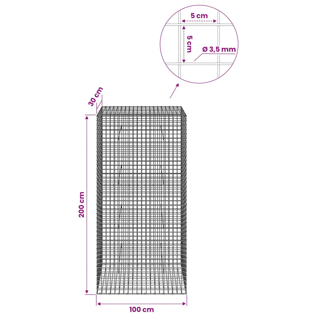 Gabionas su 3,5 mm laidu ir 5x5 cm tinkleliu 100x30x200 cm