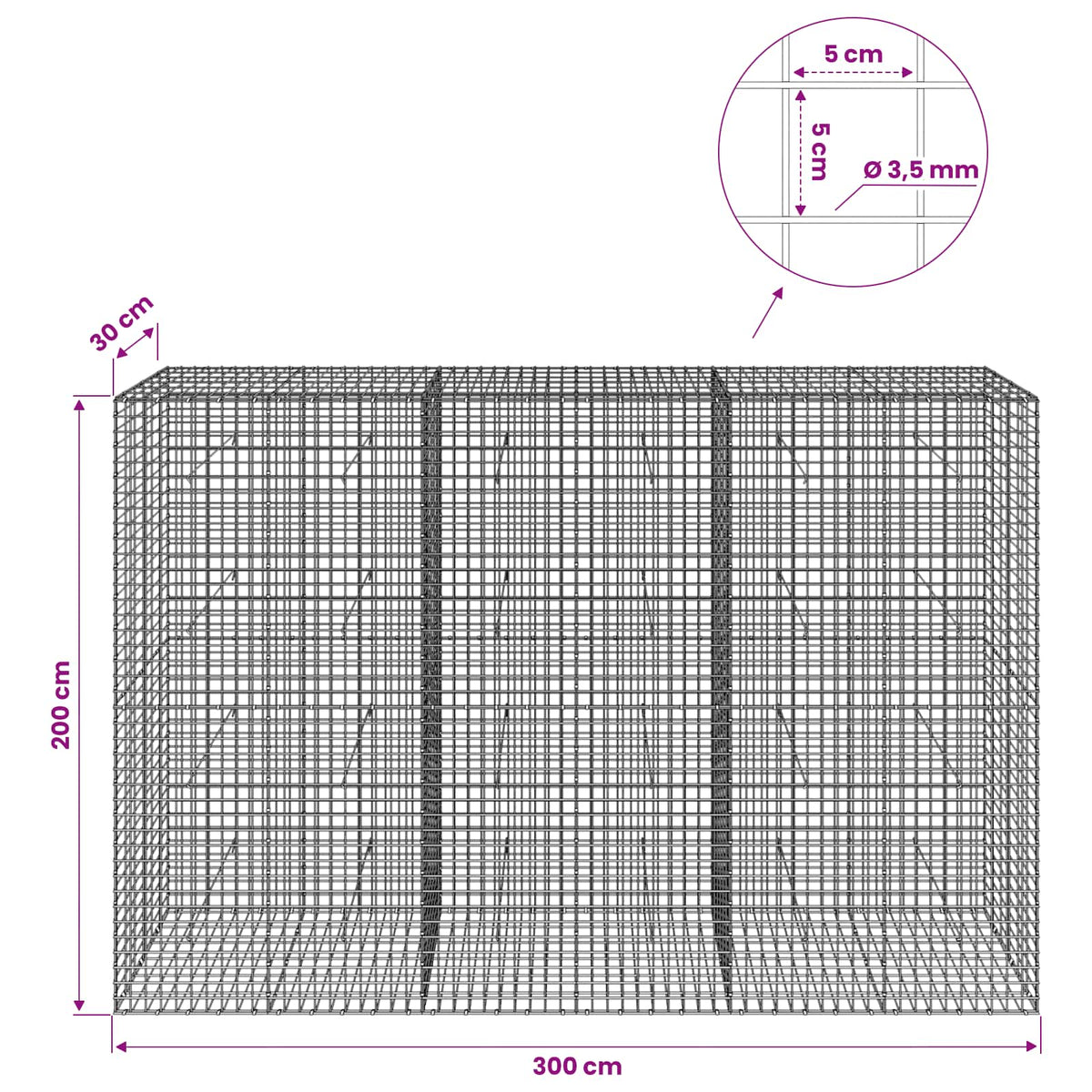 Gabionas su 3,5 mm laidu ir 5x5 cm tinkleliu 300x30x200 cm