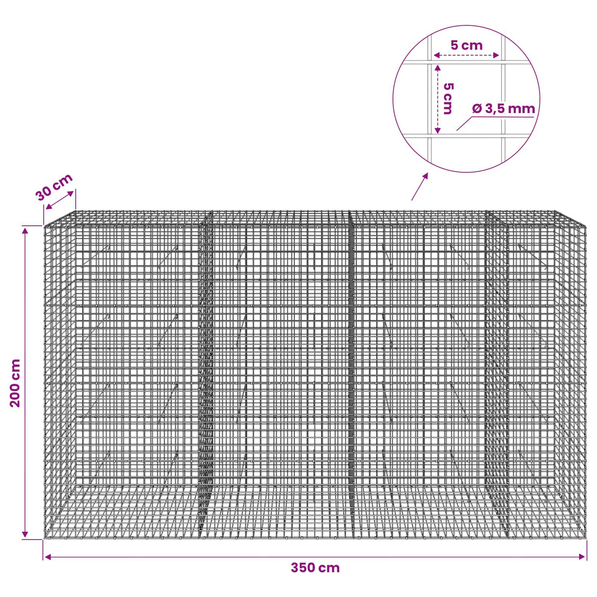 Gabionas su 3,5 mm laidu ir 5x5 cm tinkleliu 350x30x200 cm