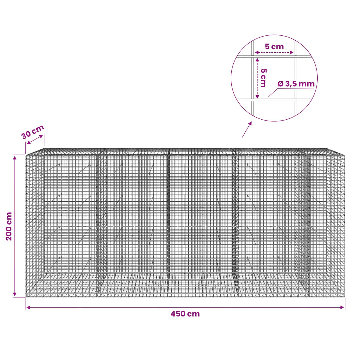 Gabionas su 3,5 mm laidu ir 5x5 cm tinkleliu 450x30x200 cm