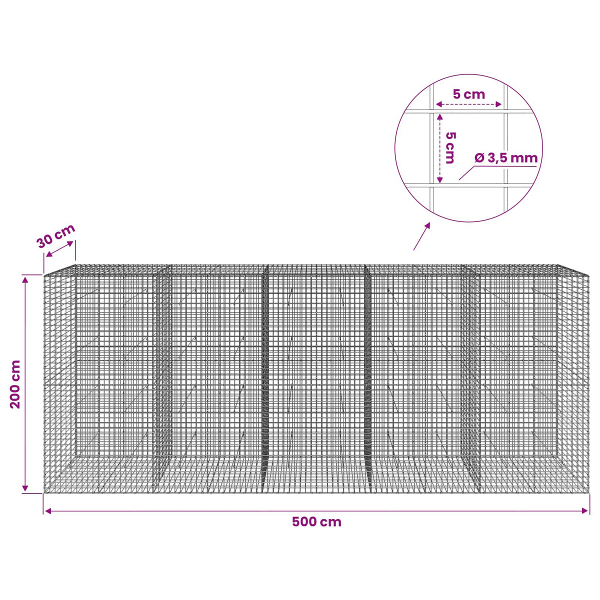 Gabionas su 3,5 mm laidu ir 5x5 cm tinkleliu 500x30x200 cm