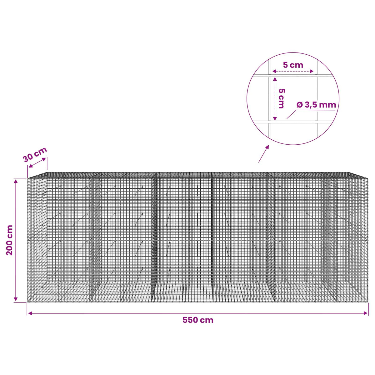 Gabionas su 3,5 mm laidu ir 5x5 cm tinkleliu 550x30x200 cm