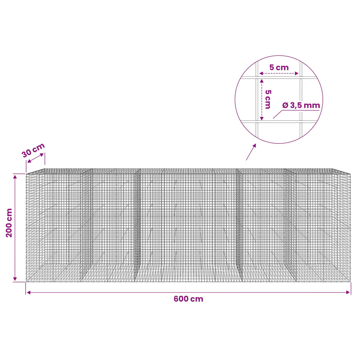 Gabionas su 3,5 mm laidu ir 5x5 cm tinkleliu 600x30x200 cm