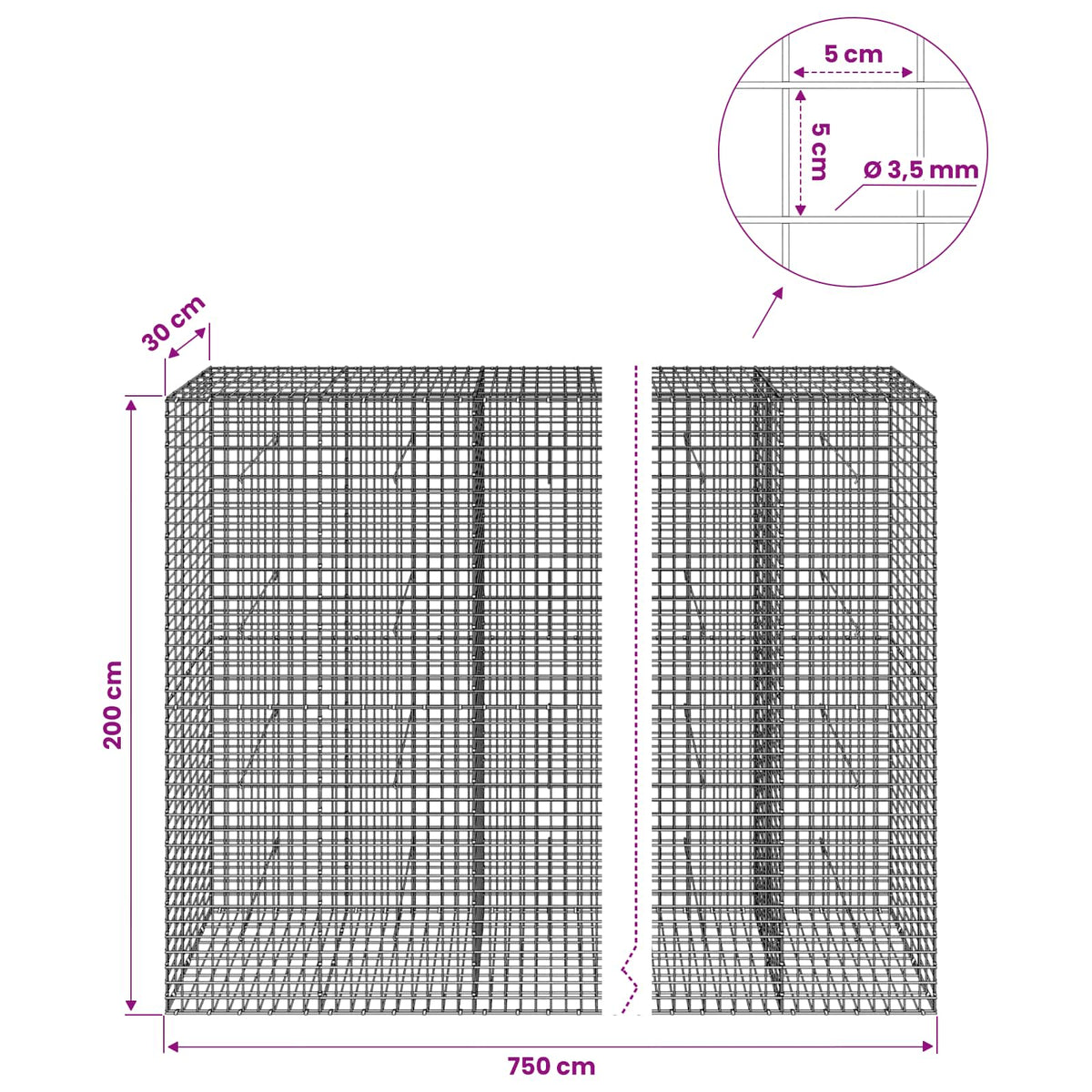 Gabionas su 3,5 mm laidu ir 5x5 cm tinkleliu 750x30x200 cm