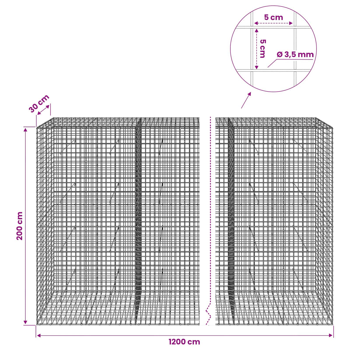 Gabionas su 3,5 mm laidu ir 5x5 cm tinkleliu 1200x30x200 cm