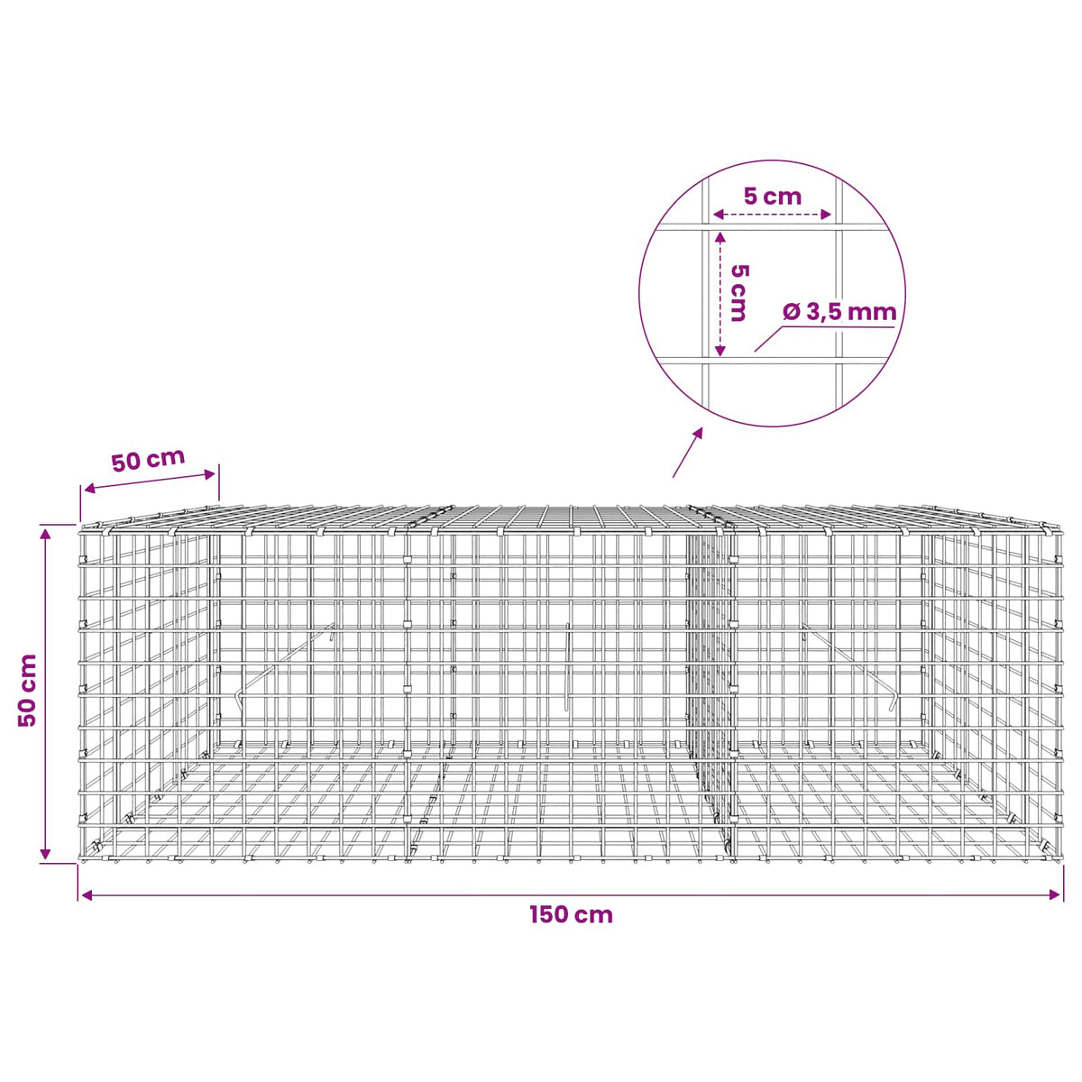Gabionas su 3,5 mm laidu ir 5x5 cm tinkleliu 150x50x50 cm