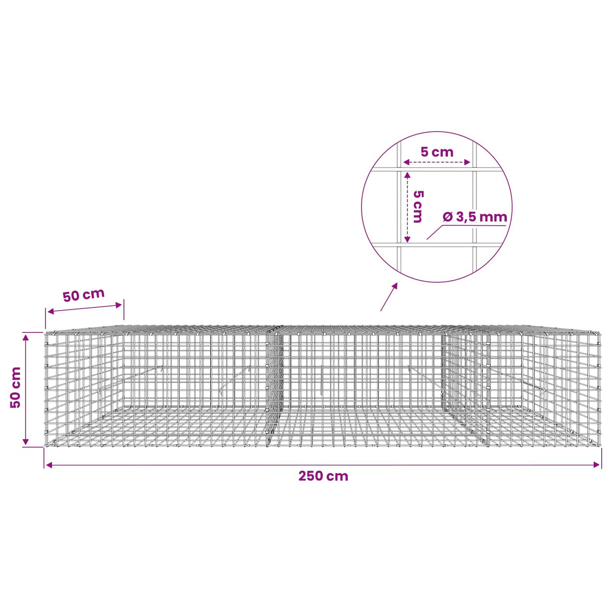 Gabionas su 3,5 mm laidu ir 5x5 cm tinkleliu 250x50x50 cm