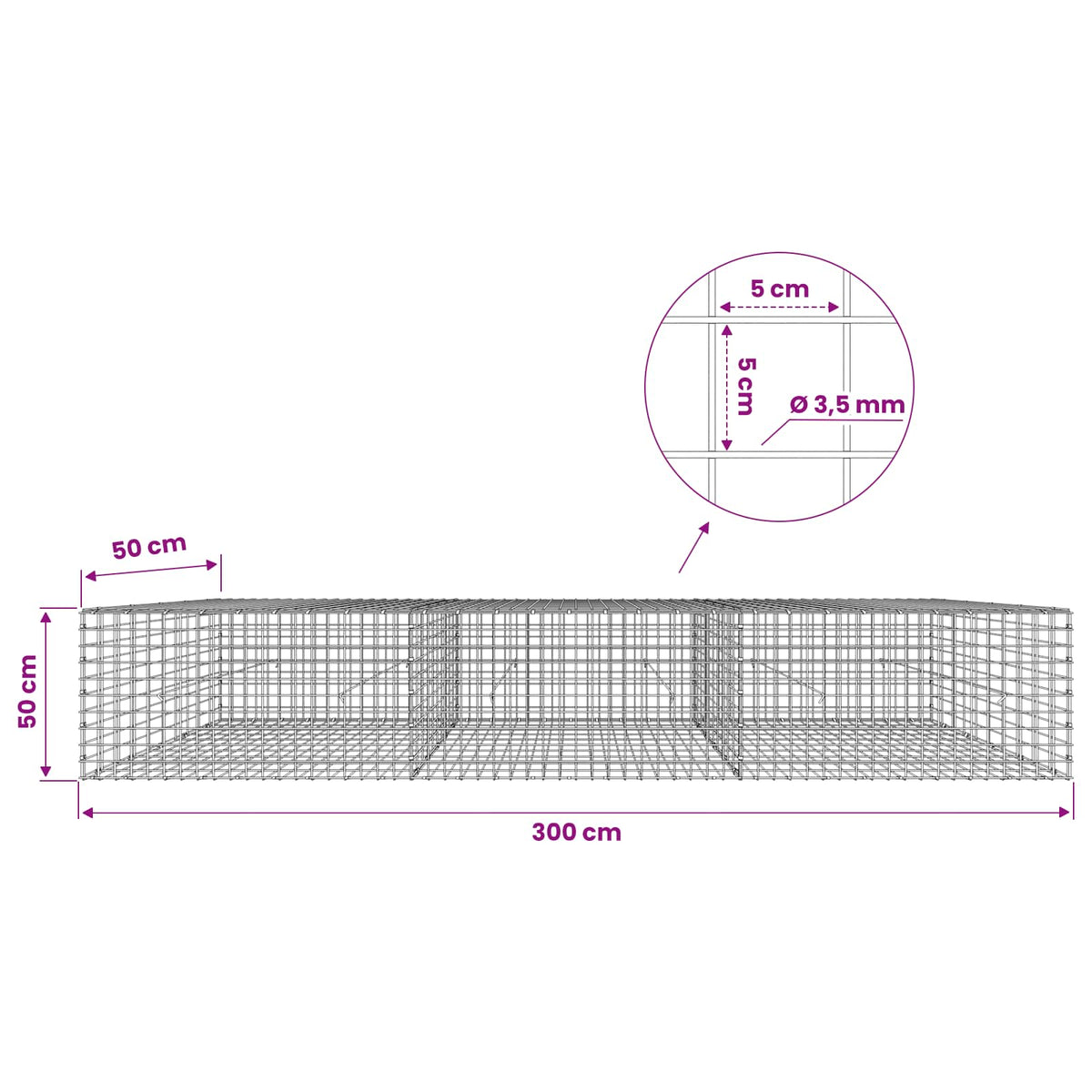 Gabionas su 3,5 mm laidu ir 5x5 cm tinkleliu 300x50x50 cm