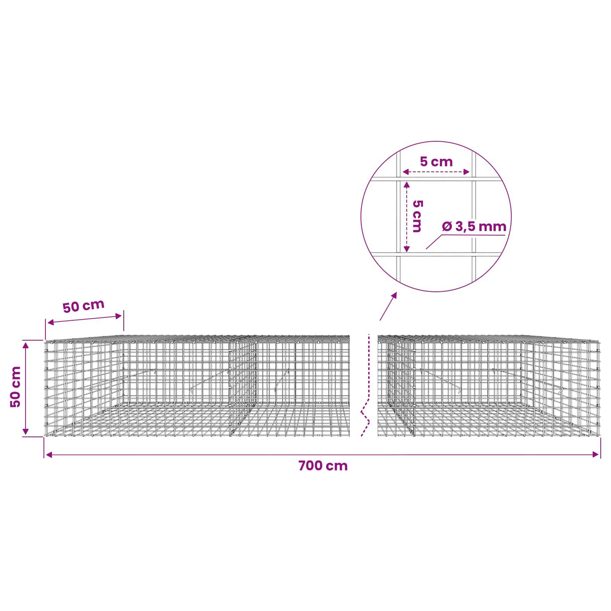 Gabionas su 3,5 mm laidu ir 5x5 cm tinkleliu 700x50x50 cm