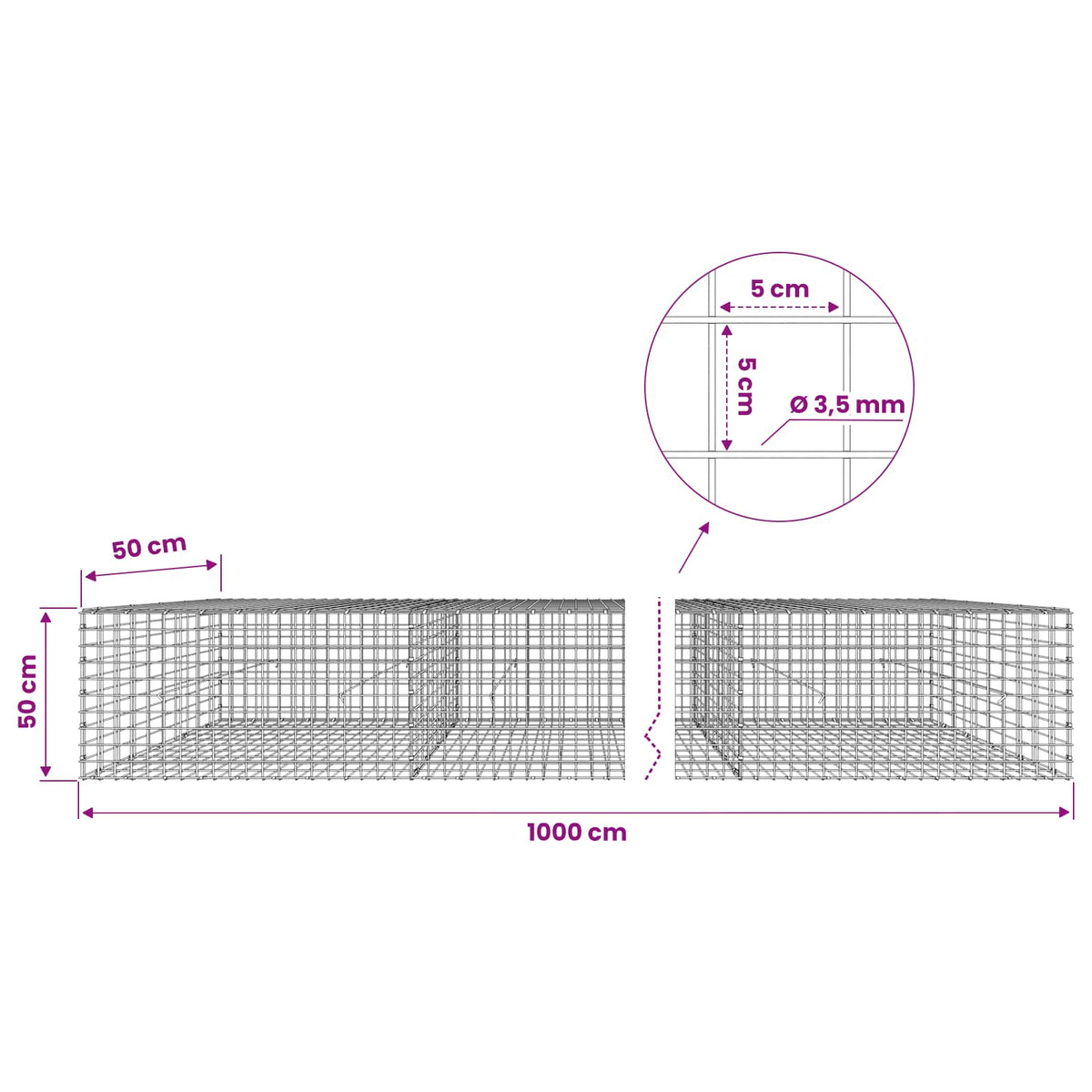 Gabionas su 3,5 mm laidu ir 5x5 cm tinkleliu 1000x50x50 cm