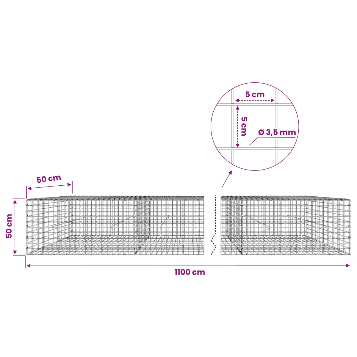 Gabionas su 3,5 mm laidu ir 5x5 cm tinkleliu 1100x50x50 cm
