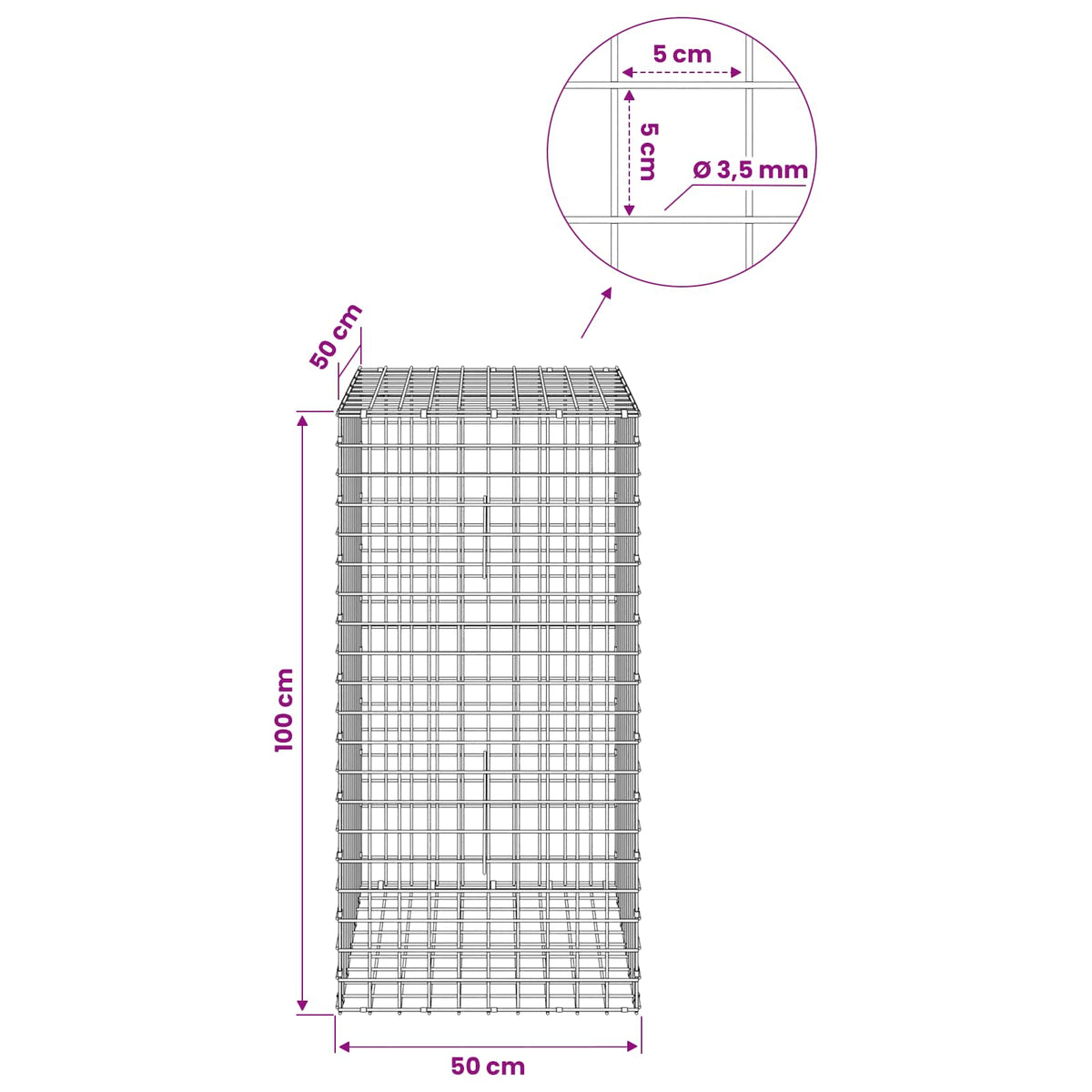 Gabionas su 3,5 mm laidu ir 5x5 cm tinkleliu 50x50x100 cm