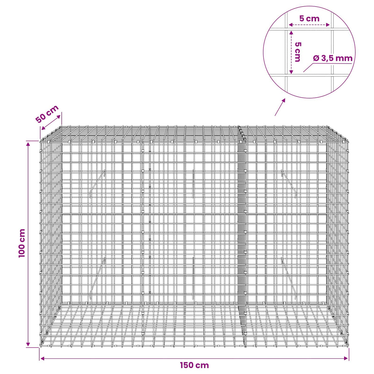 Gabionas su 3,5 mm laidu ir 5x5 cm tinkleliu 150x50x100 cm