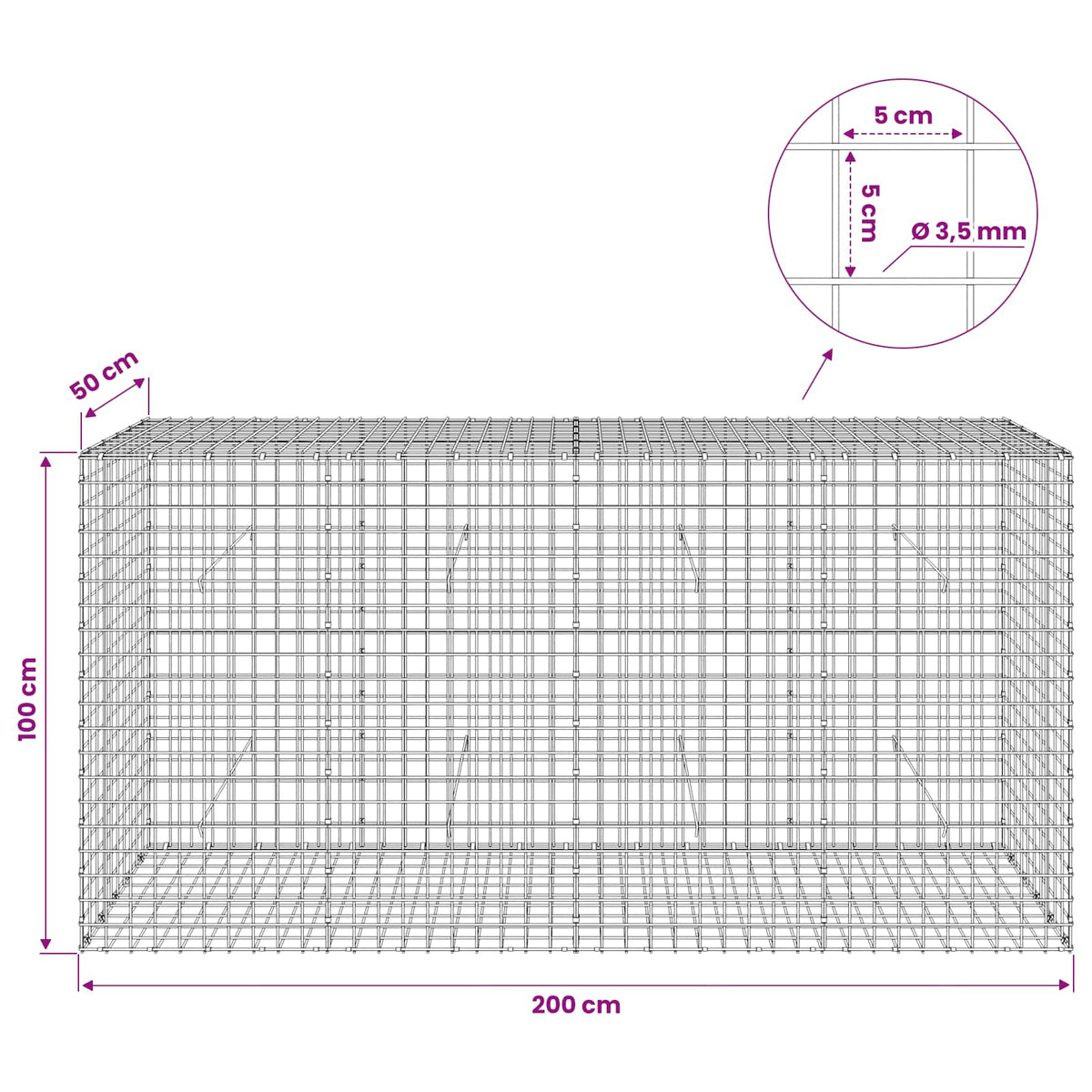 Gabionas su 3,5 mm laidu ir 5x5 cm tinkleliu 200x50x100 cm