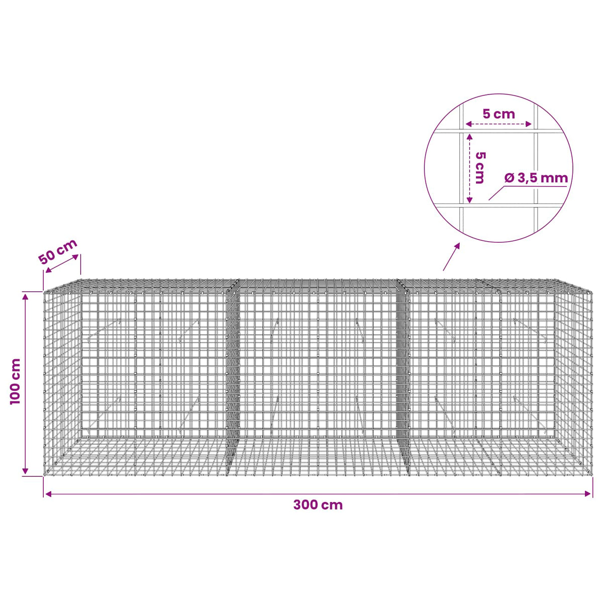Gabionas su 3,5 mm laidu ir 5x5 cm tinkleliu 300x50x100 cm