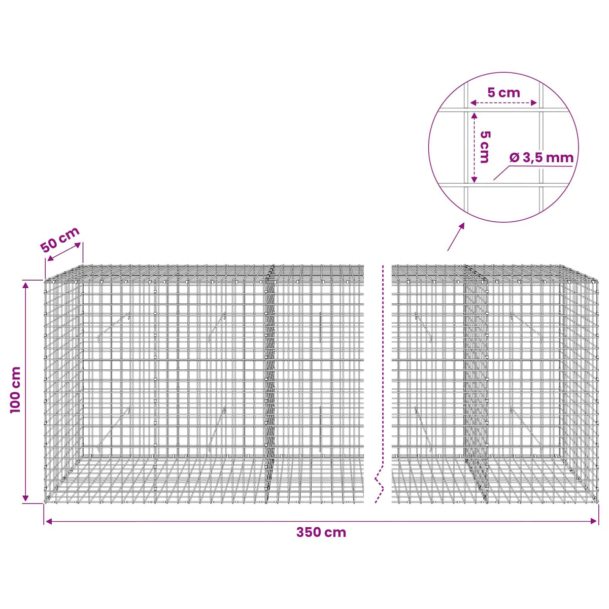 Gabionas su 3,5 mm laidu ir 5x5 cm tinkleliu 350x50x100 cm