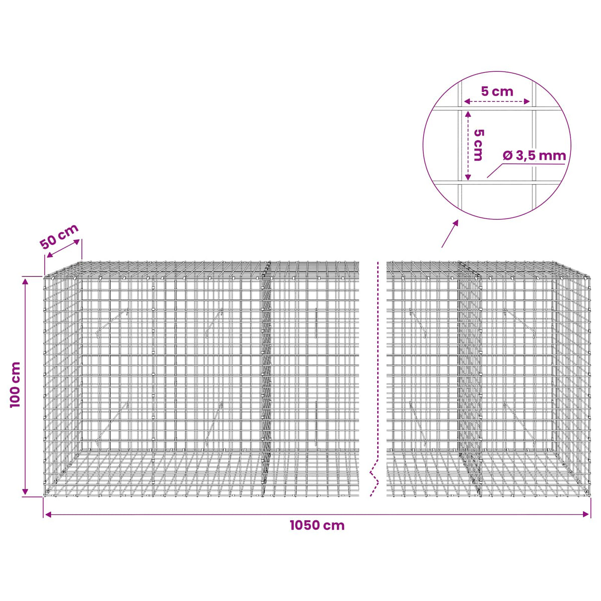 Gabionas su 3,5 mm laidu ir 5x5 cm tinkleliu 1050x50x100 cm