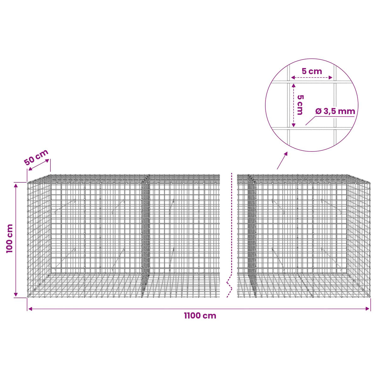 Gabionas su 3,5 mm laidu ir 5x5 cm tinkleliu 1100x50x100 cm