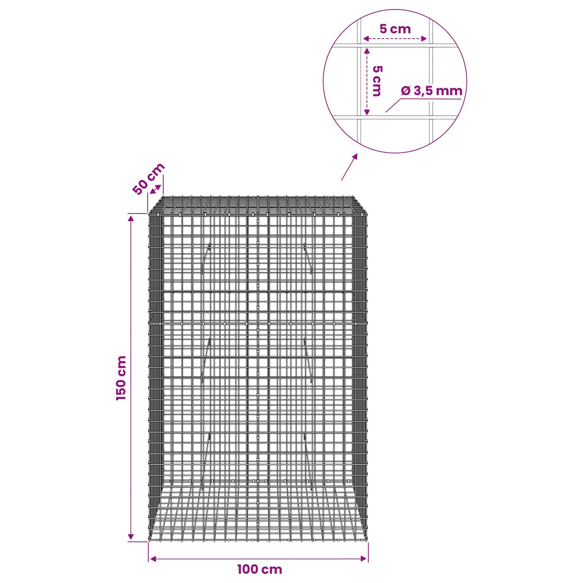 Gabionas su 3,5 mm laidu ir 5x5 cm tinkleliu 100x50x150 cm