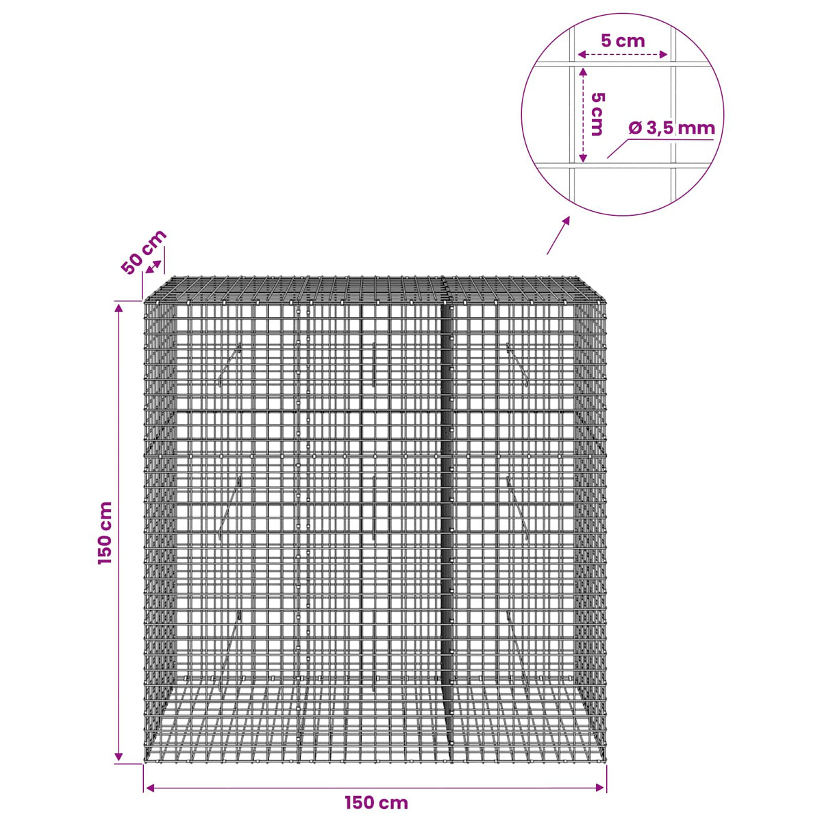 Gabionas su 3,5 mm laidu ir 5x5 cm tinkleliu 150x50x150 cm