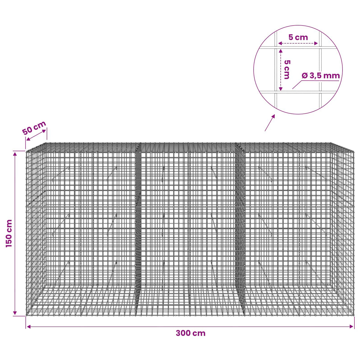 Gabionas su 3,5 mm laidu ir 5x5 cm tinkleliu 300x50x150 cm