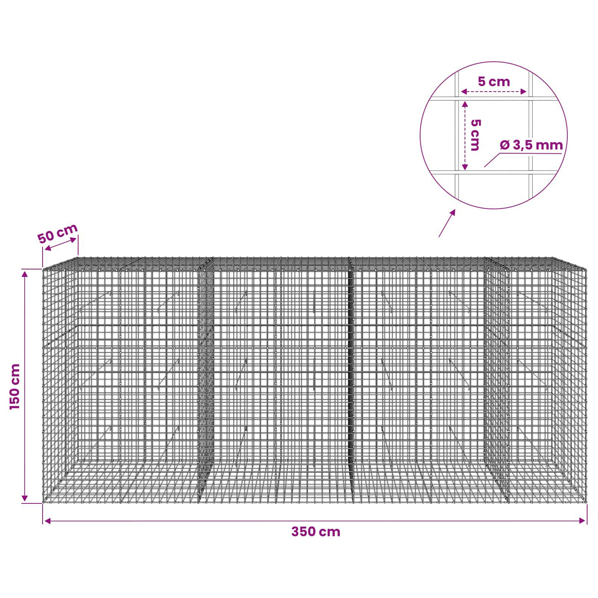 Gabionas su 3,5 mm laidu ir 5x5 cm tinkleliu 350x50x150 cm