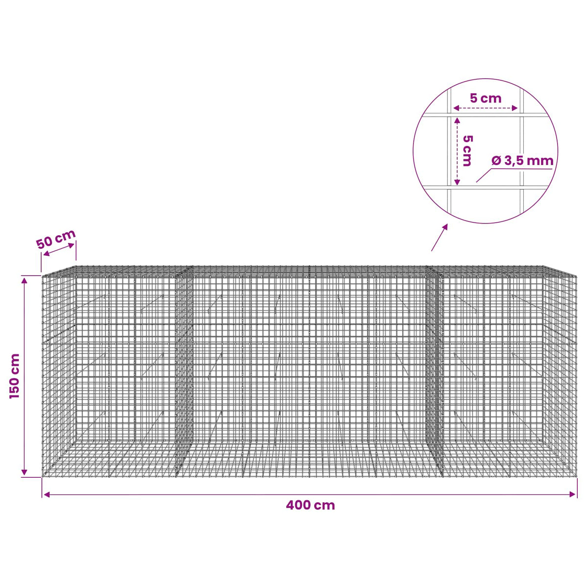 Gabionas su 3,5 mm laidu ir 5x5 cm tinkleliu 400x50x150 cm