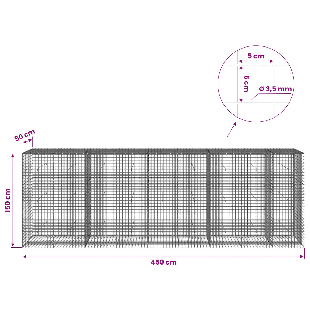 Gabionas su 3,5 mm laidu ir 5x5 cm tinkleliu 450x50x150 cm