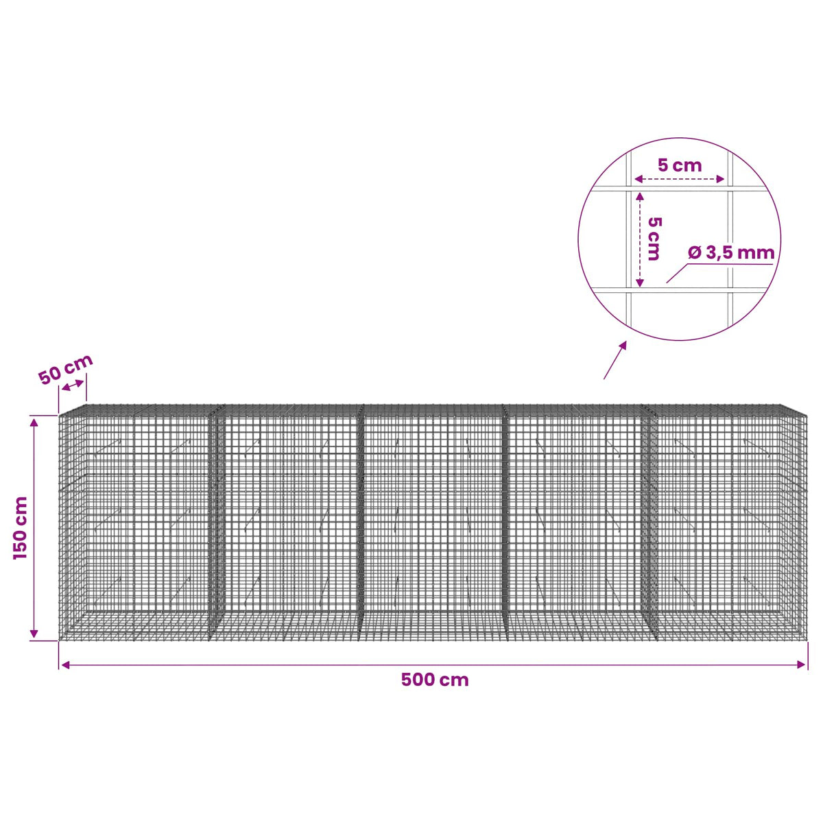 Gabionas su 3,5 mm laidu ir 5x5 cm tinkleliu 500x50x150 cm