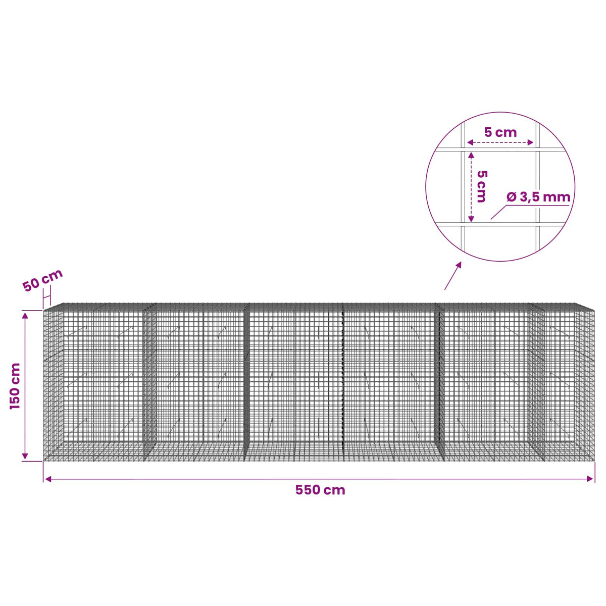 Gabionas su 3,5 mm laidu ir 5x5 cm tinkleliu 550x50x150 cm