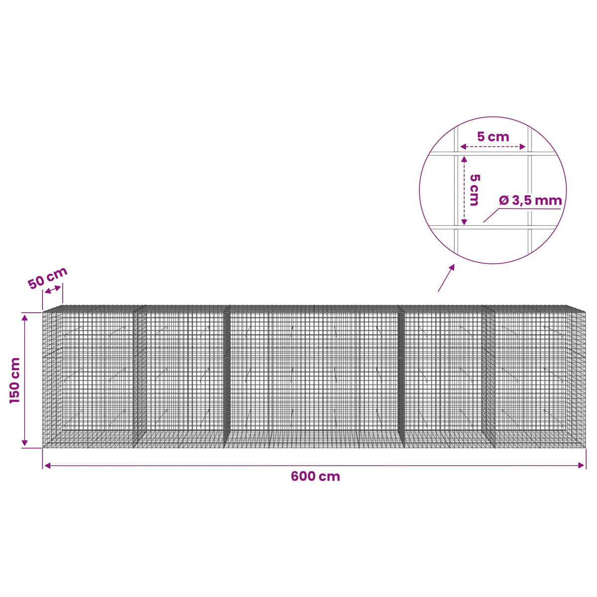 Gabionas su 3,5 mm laidu ir 5x5 cm tinkleliu 600x50x150 cm
