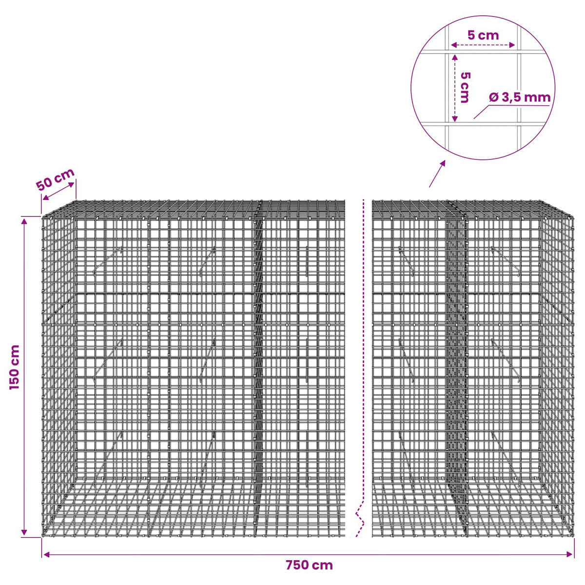 Gabionas su 3,5 mm laidu ir 5x5 cm tinkleliu 750x50x150 cm