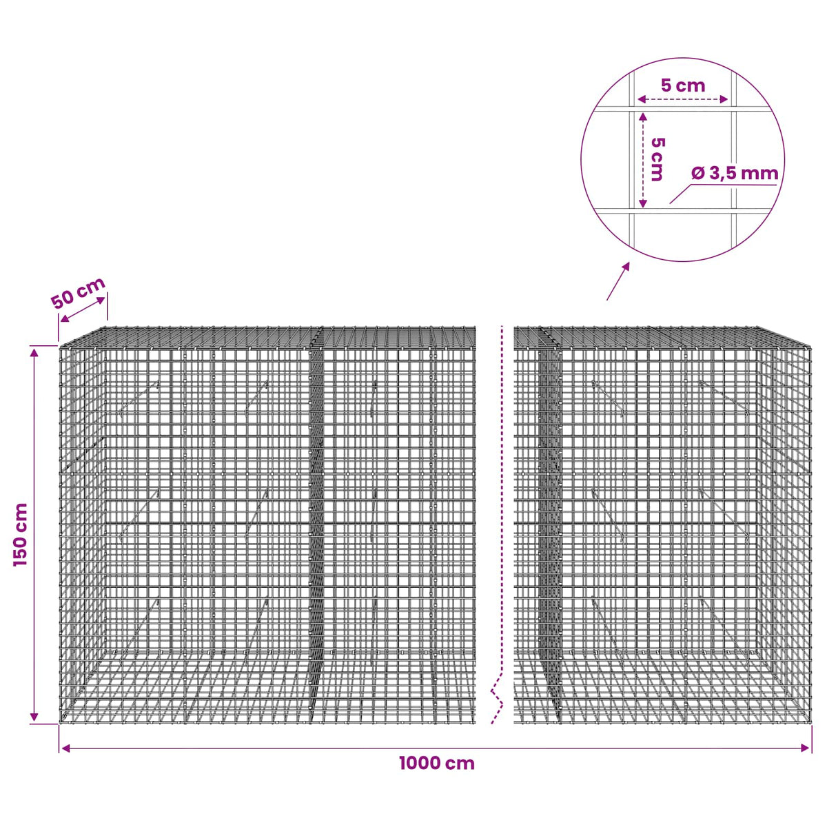 Gabionas su 3,5 mm laidu ir 5x5 cm tinkleliu 1000x50x150 cm