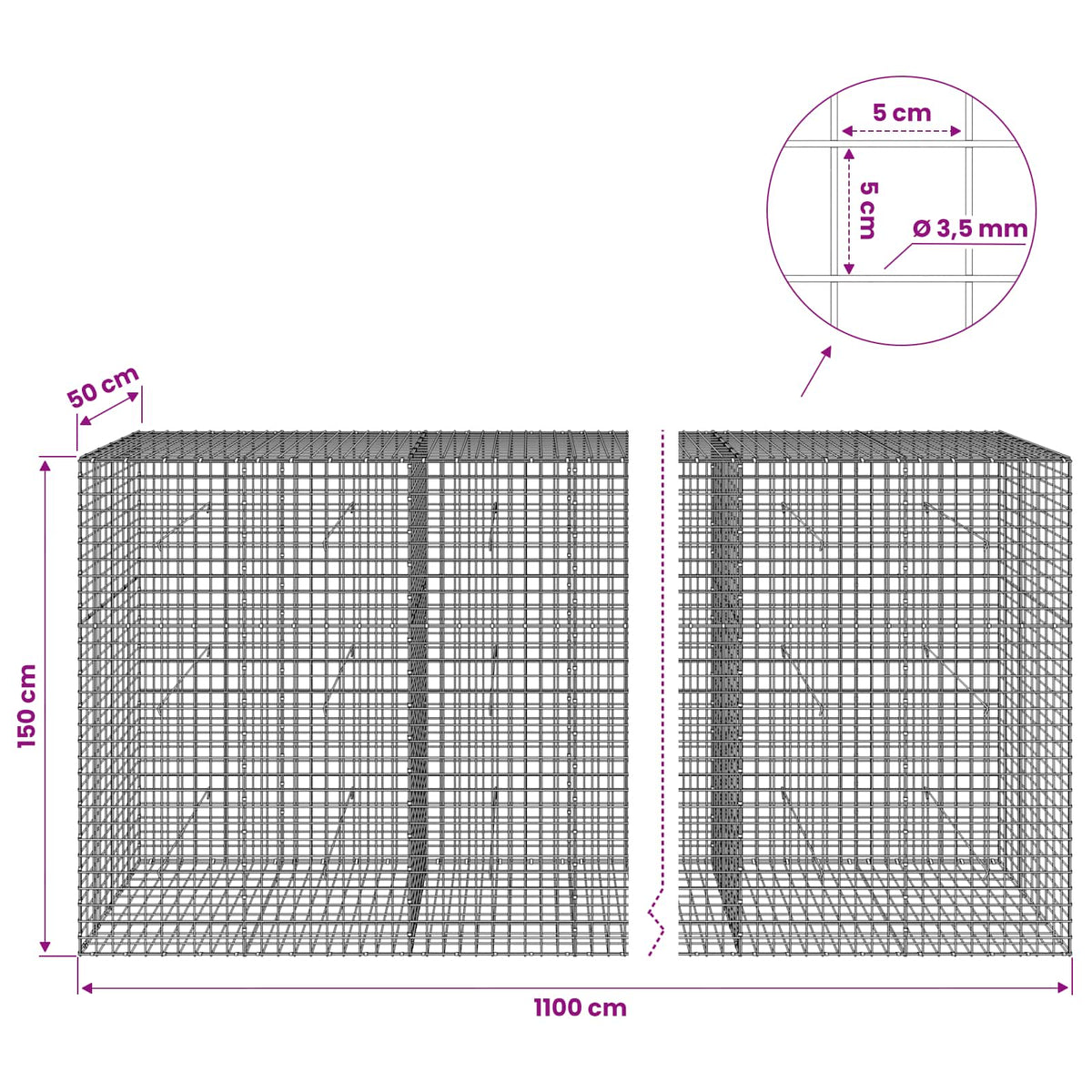 Gabionas su 3,5 mm laidu ir 5x5 cm tinkleliu 1100x50x150 cm