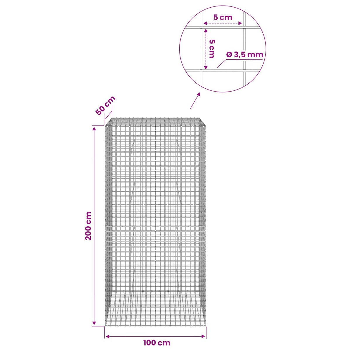Gabionas su 3,5 mm laidu ir 5x5 cm tinkleliu 100x50x200 cm