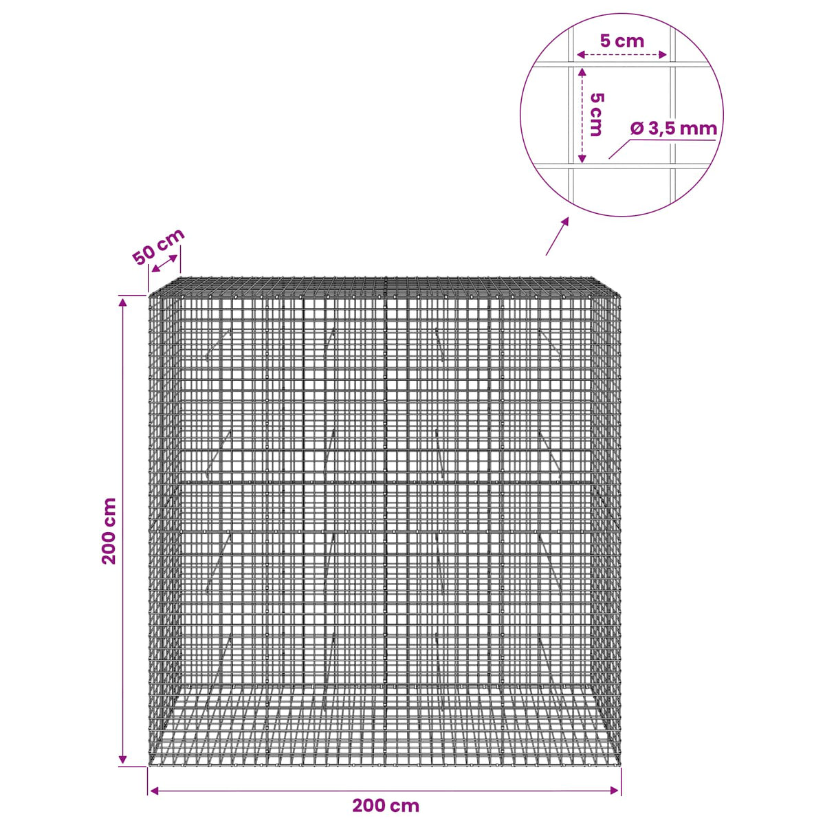 Gabionas su 3,5 mm laidu ir 5x5 cm tinkleliu 200x50x200 cm