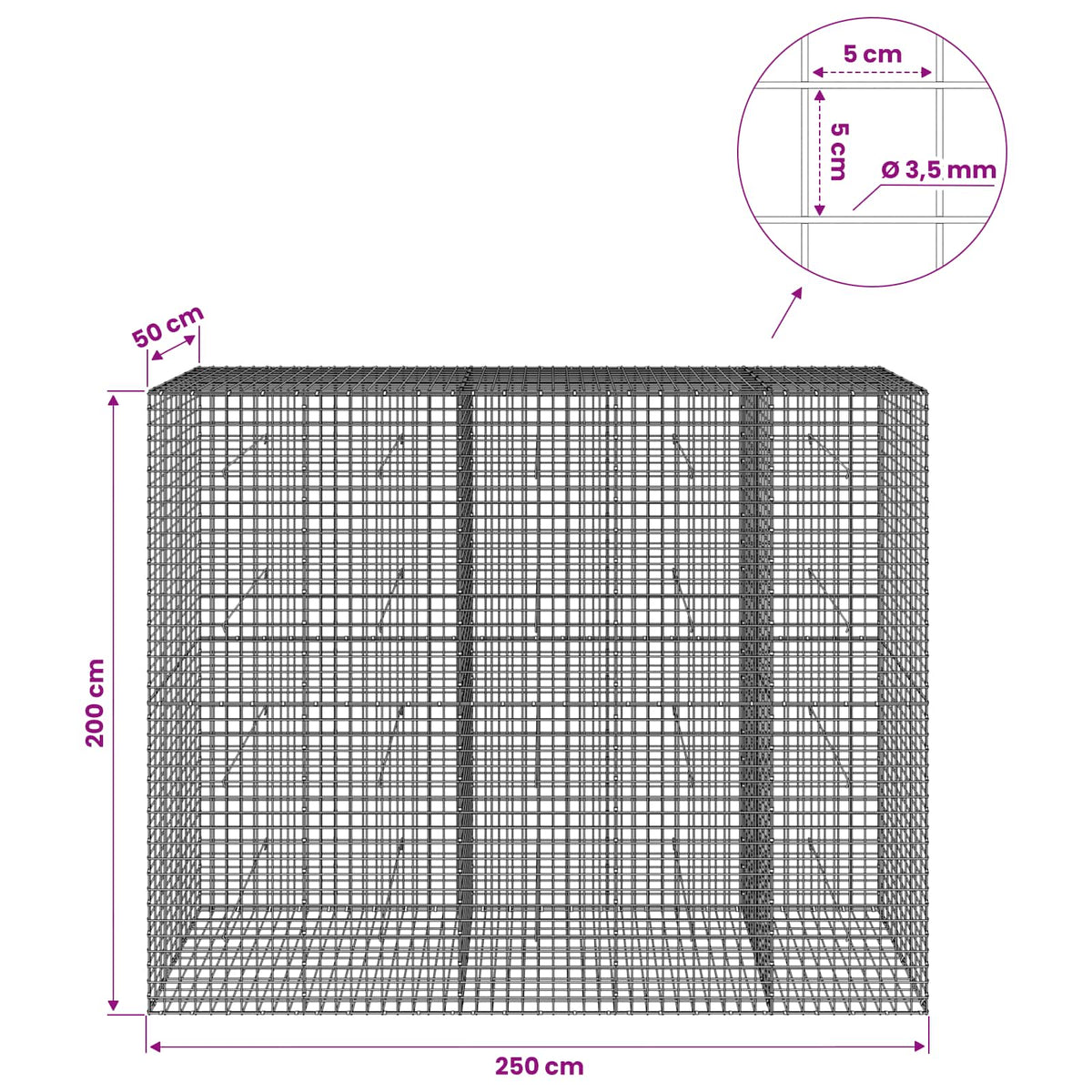 Gabionas su 3,5 mm laidu ir 5x5 cm tinkleliu 250x50x200 cm