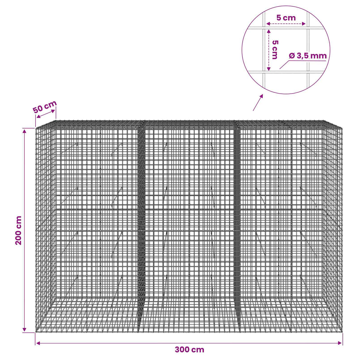 Gabionas su 3,5 mm laidu ir 5x5 cm tinkleliu 300x50x200 cm