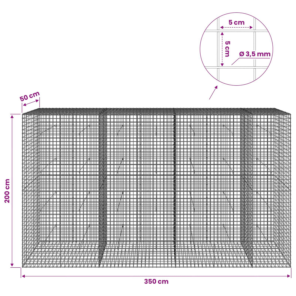 Gabionas su 3,5 mm laidu ir 5x5 cm tinkleliu 350x50x200 cm