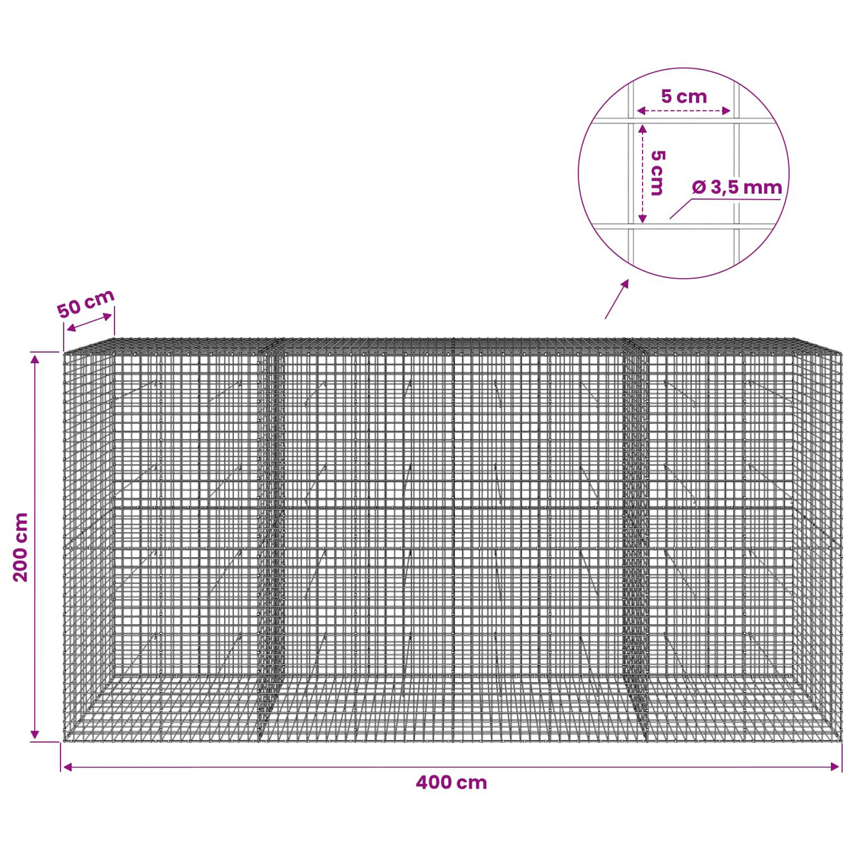 Gabionas su 3,5 mm laidu ir 5x5 cm tinkleliu 400x50x200 cm