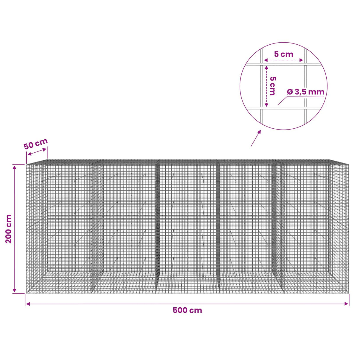 Gabionas su 3,5 mm laidu ir 5x5 cm tinkleliu 500x50x200 cm