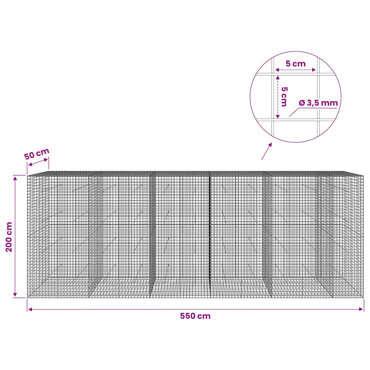 Gabionas su 3,5 mm laidu ir 5x5 cm tinkleliu 550x50x200 cm