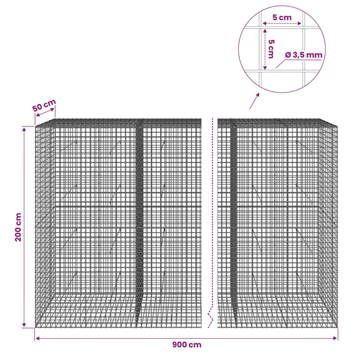 Gabionas su 3,5 mm laidu ir 5x5 cm tinkleliu 900x50x200 cm