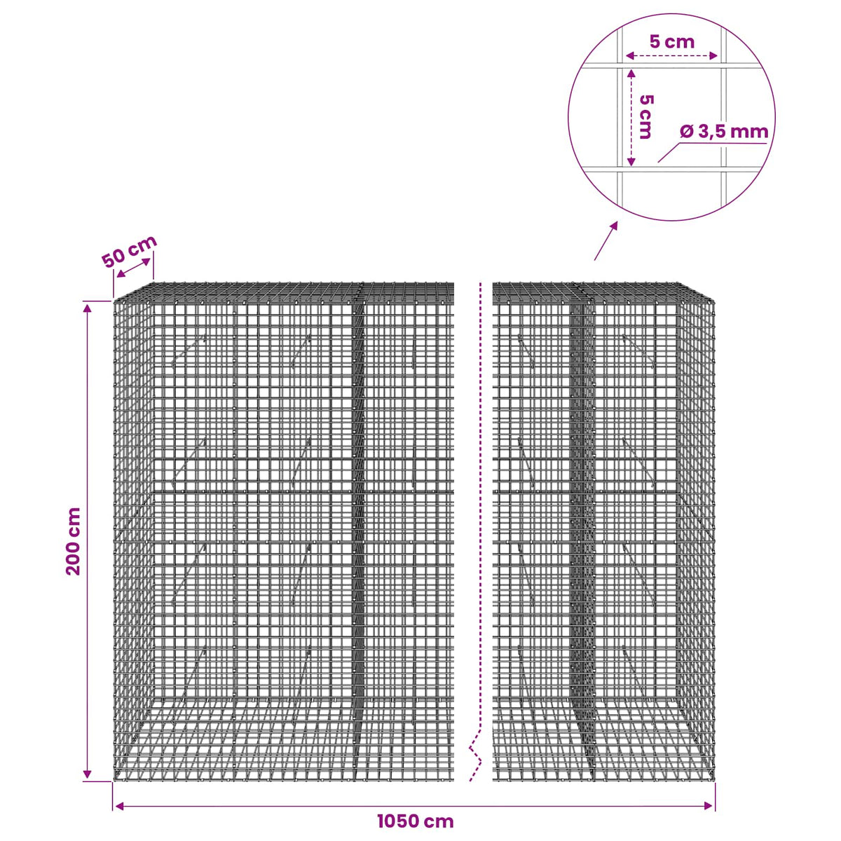 Gabionas su 3,5 mm laidu ir 5x5 cm tinkleliu 1050x50x200 cm