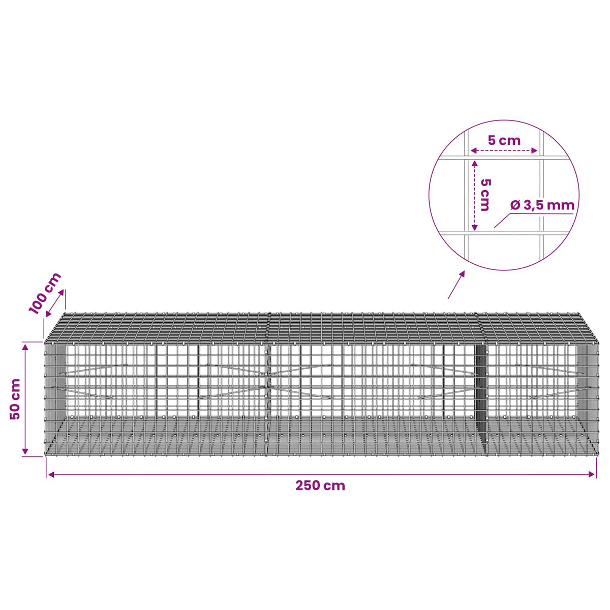 Gabionas su 3,5 mm laidu ir 5x5 cm tinkleliu 250x100x50 cm