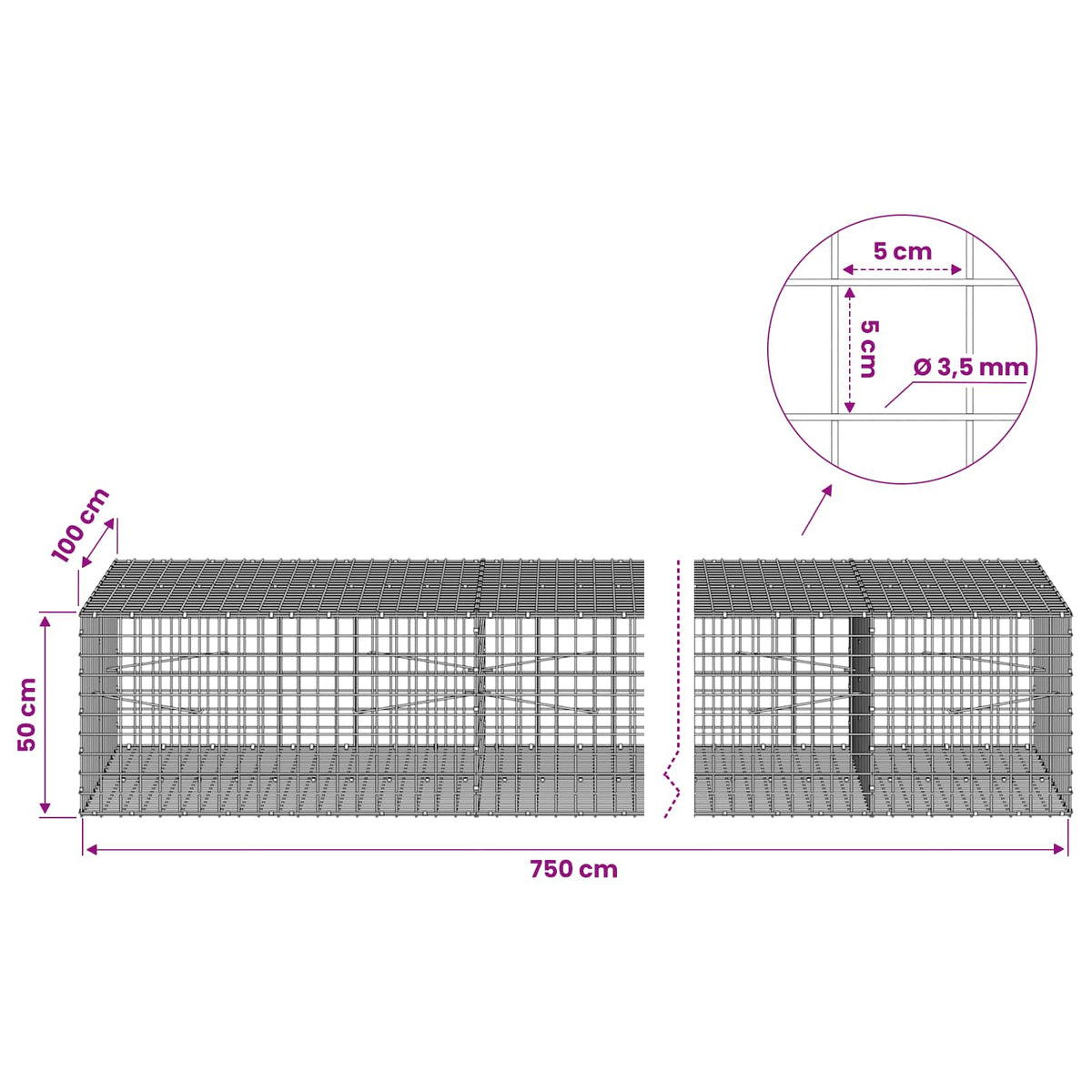 Gabionas su 3,5 mm laidu ir 5x5 cm tinkleliu 750x100x50 cm