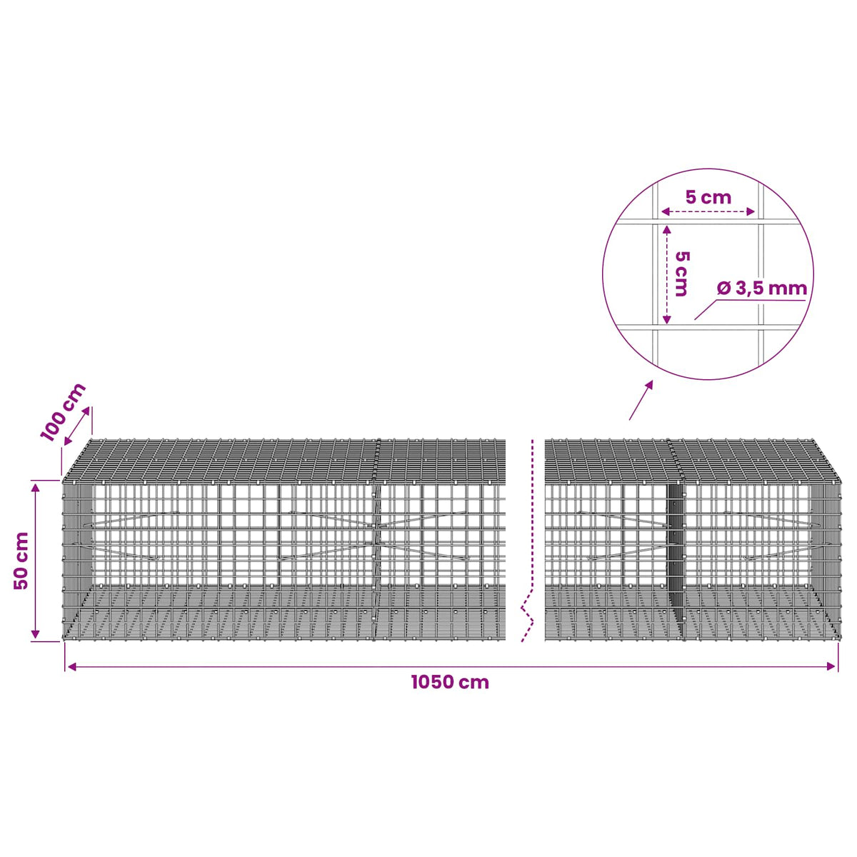 Gabionas su 3,5 mm laidu ir 5x5 cm tinkleliu 1050x100x50 cm