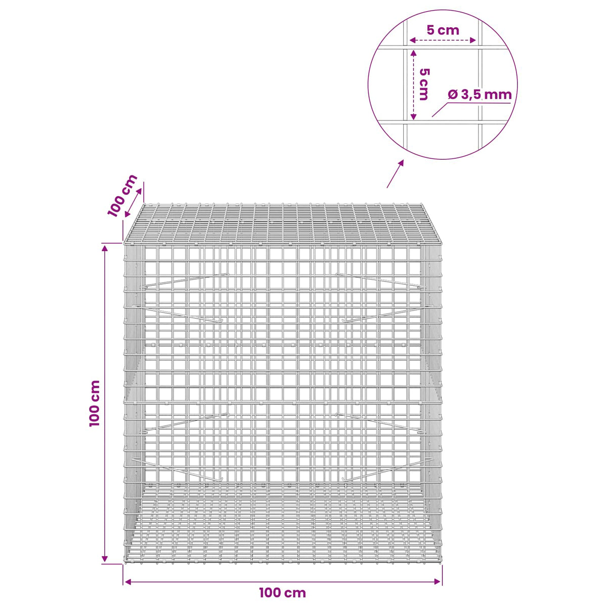 Gabionas su 3,5 mm laidu ir 5x5 cm tinkleliu 100x100x100 cm
