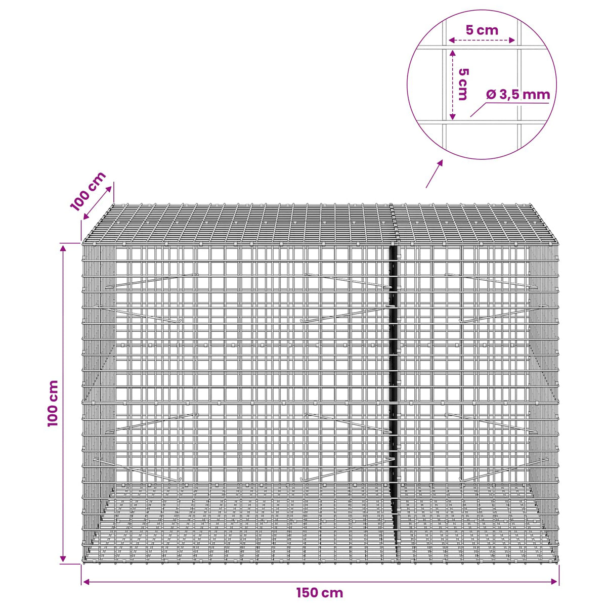 Gabionas su 3,5 mm laidu ir 5x5 cm tinkleliu 150x100x100 cm